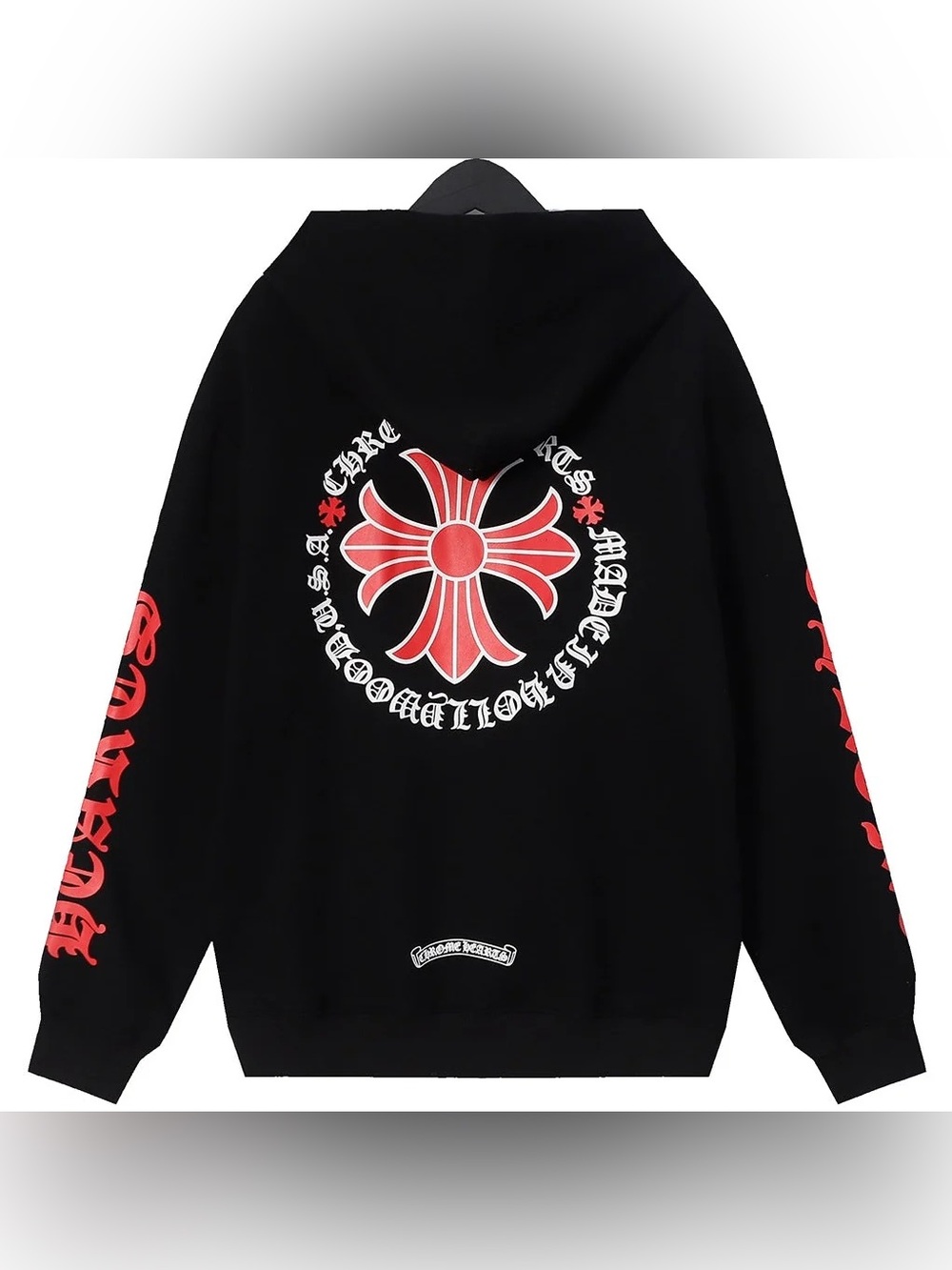 Chrome Hearts Black Hoodie with Red Cross Graphic Back and Sleeve Accents